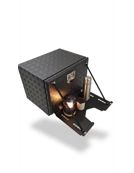 COFFRE ALUMINIUM 100L DIM. 600 X 455 X 455 MM AVEC TABLETTE AVANT RABATTABLE