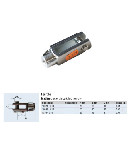 FOURCHE POUR RESSORT À GAZ 10 X 40 MM M10